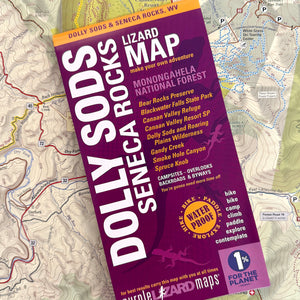 A Purple Lizard Maps Award Winning topographic map titled 'Dolly Sods-Seneca Rocks Lizard Map: West Virginia' with a purple and orange cover color scheme, showing all the details for outdoor recreation - roads, trails, campsites, and other features.