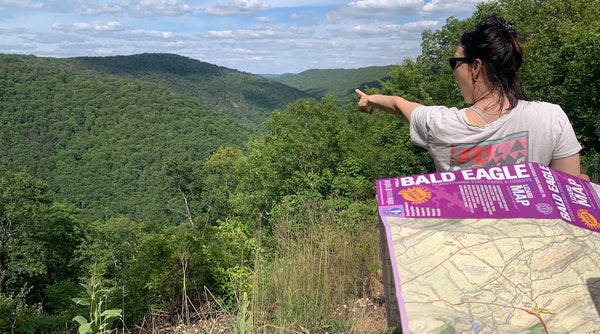 Person pointing towards a scenic view with a map in the foreground