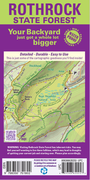 Purple Lizard Map of Rothrock State Forest Back Cover with a purple border and green topographic details.